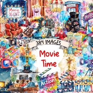 Movie Time Watercolor Clipart Bundle - 384 PNG Cinema Snack Images, Film Popcorn Watching Graphics, Instant Digital Download, Commercial Use
