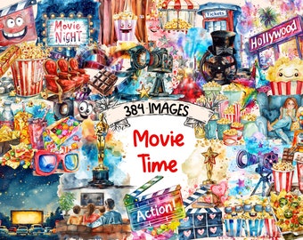 May include: A watercolor illustration of movie-themed clipart. The image features a variety of movie-related items, including popcorn, film reels, cameras, and a movie ticket booth. The text "Movie Time" is featured in the center of the image.