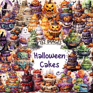 Halloween Cakes Watercolor Clipart Bundle - 132 PNG Spooky Cake Images, Bewitching Dessert Graphics, Instant Digital Download, Commercial Use
