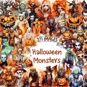 Halloween Monsters Watercolor Clipart Bundle - 271 PNG Monster Images,Spooky Scary Creature Graphics,Instant Digital Download,Commercial Use