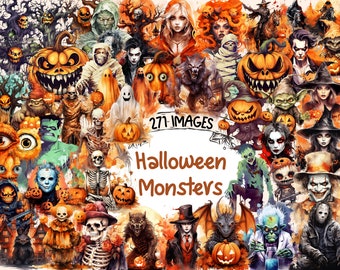 Halloween Monsters Watercolor Clipart Bundle - 271 PNG Monster Images,Spooky Scary Creature Graphics,Instant Digital Download,Commercial Use