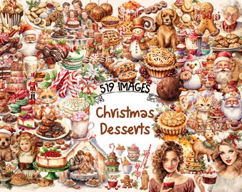 Christmas Desserts Watercolor Clipart: 519 Festive PNG Images (Digital Download)