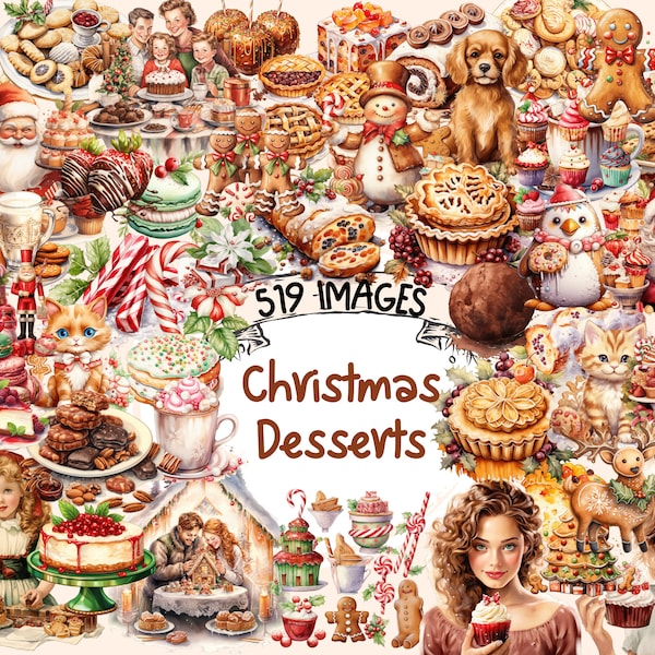 Christmas Desserts Watercolor Clipart Bundle - 519 PNG Festive Treat Images, Holiday Sweets Graphics,Instant Digital Download,Commercial Use