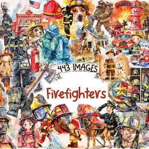 Firefighters Watercolor Clipart Bundle  - 443 PNG Fireman Images, Emergency Fire Service Graphics, Instant Digital Download, Commercial Use