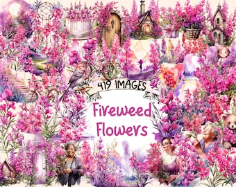 Fireweed Flowers Watercolor Clipart Bundle: 419 PNG Images (Digital Download)