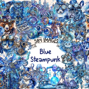 Blue Steampunk Watercolor Clipart Bundle - 584 PNG Azure Steampunk Images, Cobalt Victorian Graphics,Instant Digital Download,Commercial Use