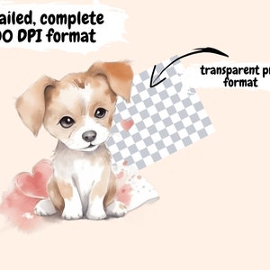 May include: A watercolor illustration of a brown and white puppy with pink hearts and splatters of paint in the background.