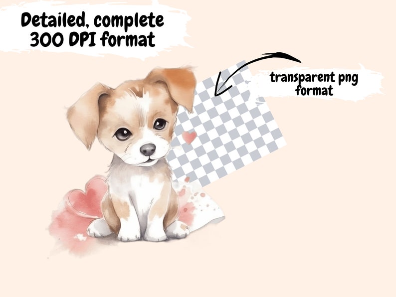 May include: A watercolor illustration of a brown and white puppy with pink hearts and splatters of paint in the background.