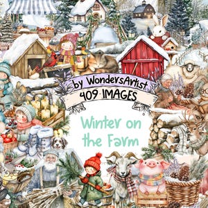 Winter on the Farm Watercolor Clipart - 409 PNG Snowy Countryside Graphics,Rustic Barn Illustrations,Instant Digital Download,Commercial Use