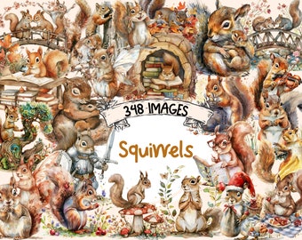 Squirrels Watercolor Clipart Bundle: 348 PNG Woodland Graphics (Digital Download)