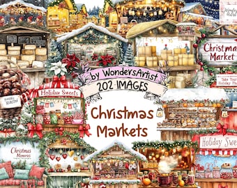 May include: A digital illustration of a Christmas market with various stalls selling holiday treats, gifts, and decorations. The stalls are decorated with festive lights, garlands, and wreaths. The illustration is in a watercolor style and features a variety of colors, including red, green, brown, and white.