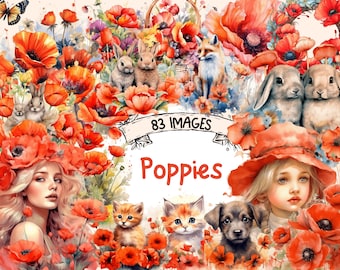 Poppies Watercolor Clipart Bundle - 83 PNG Poppy Flowers Images, Beautiful Floral Graphics, PNG, Instant Digital Download, Commercial Use