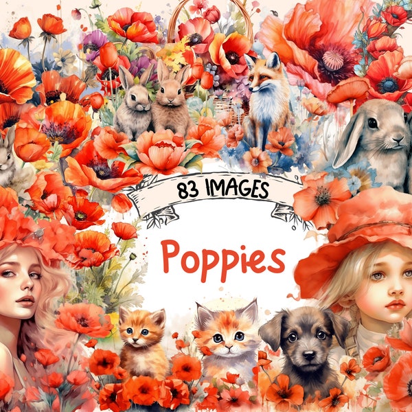 Poppies Watercolor Clipart Bundle - 83 PNG Poppy Flowers Images, Beautiful Floral Graphics, PNG, Instant Digital Download, Commercial Use