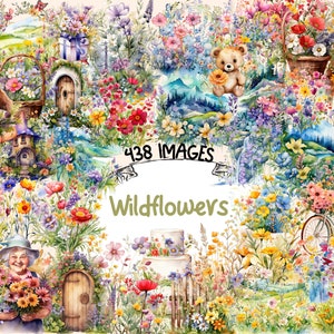 Watercolor Wildflowers Clipart Bundle: 438 PNG Spring Images (Digital Download)