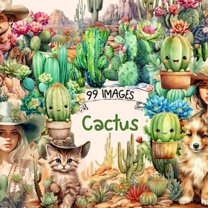 Cactus Watercolor Clipart Bundle - 99 PNG Cacti Images,Desert Plant Graphics,Succulent Illustrations,Instant Digital Download,Commercial Use