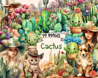 Watercolor Cactus Clipart Bundle: 99 Desert Plant PNG Images (Commercial Use)