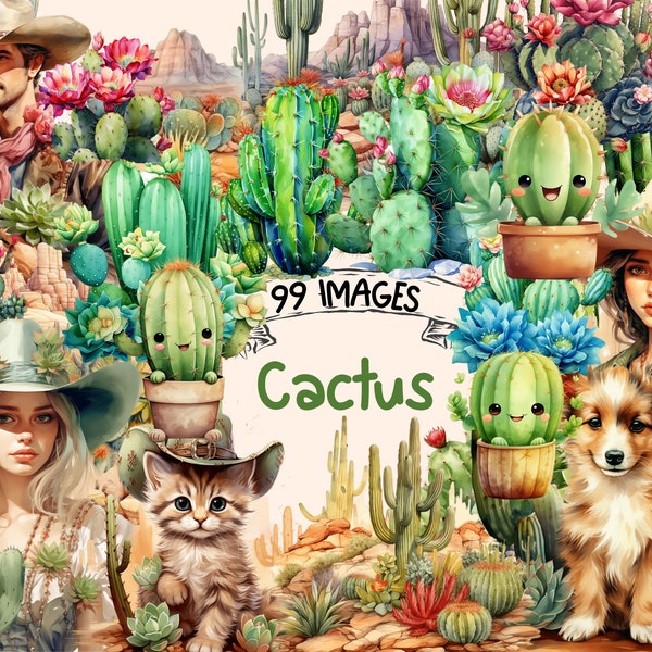 Cactus Watercolor Clipart Bundle - 99 PNG Cacti Images,Desert Plant Graphics,Succulent Illustrations,Instant Digital Download,Commercial Use