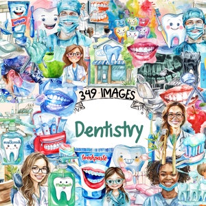 Bundle de cliparts aquarelle dentisterie - 349 images PNG de soins dentaires, graphiques d'équipement de santé bucco-dentaire, téléchargement numérique instantané, usage Commercial