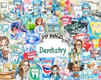 Dentistry Watercolor Clipart Bundle - 349 PNG Dental Care Images, Oral Health Equipment Graphics, Instant Digital Download, Commercial Use