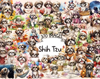 Shih Tzu Watercolor Clipart Bundle – 370+ Dog PNG Images (Digital Download)