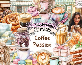 Può includere: Un'illustrazione ad acquerello di oggetti a tema caffè, tra cui tazze da caffè, pasticcini e un barattolo di chicchi di caffè. Il testo "Coffee Passion" è scritto in lettere marroni su uno sfondo bianco. Il testo "By WondersArtist 267 Images" è scritto in lettere nere su uno sfondo bianco.