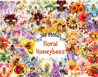 Floral Honeybees Watercolor Clipart Bundle: 388 PNG Images (Digital Download)