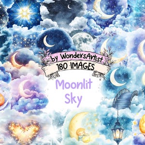 Moonlit Sky Watercolor Clipart Bundle - 180 PNG Night Sky Images, Moon Illustrations, Dreamy Starry Art, Instant Download, Commercial Use