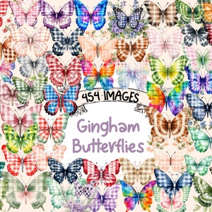 Gingham Butterflies Watercolor Clipart Bundle - 454 PNG Pattern Butterfly Images, Checkered Graphics,Instant Digital Download,Commercial Use