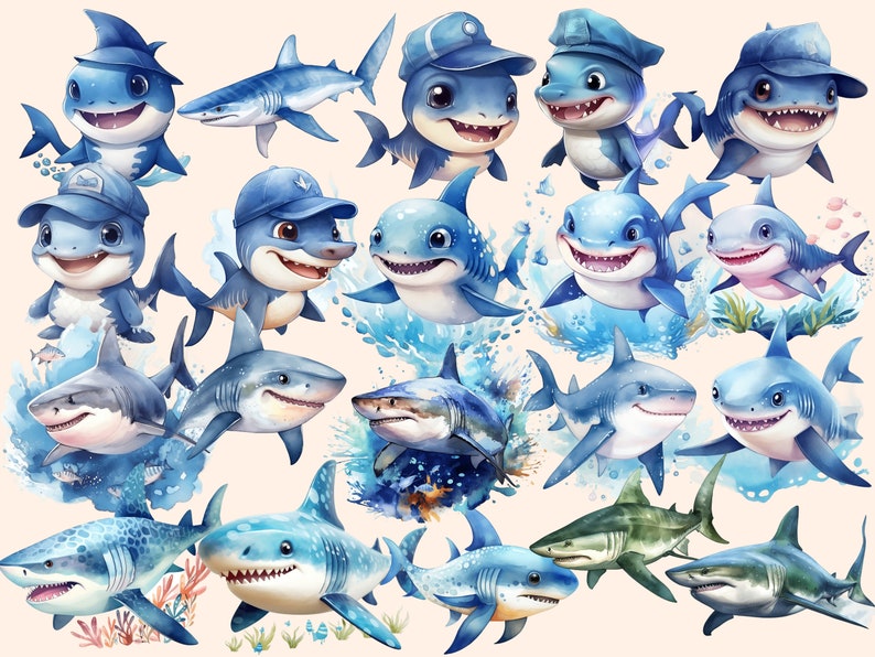 Shark Watercolor Clipart Bundle: 151 PNG Images (Commercial Use) (Digital Download) bild 2