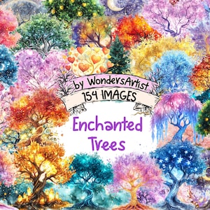 Enchanted Trees Watercolor Clipart Bundle - 154 PNG Tree Images, Magical Forest Illustrations, Nature Art, Instant Download, Commercial Use
