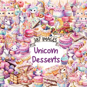 Unicorn Desserts Watercolor Clipart Bundle - 387 PNG Cute Dessert Images, Colorful Sweet Graphics, Instant Digital Download, Commercial Use