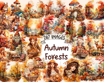 Watercolor Autumn Forest Clipart Bundle: 287 PNG Graphics (Digital Download)