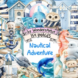 Nautical Adventure Watercolor Clipart Bundle - 154 PNG Nautical Images, Ocean Sea Voyage Illustrations, Instant Download, Commercial Use