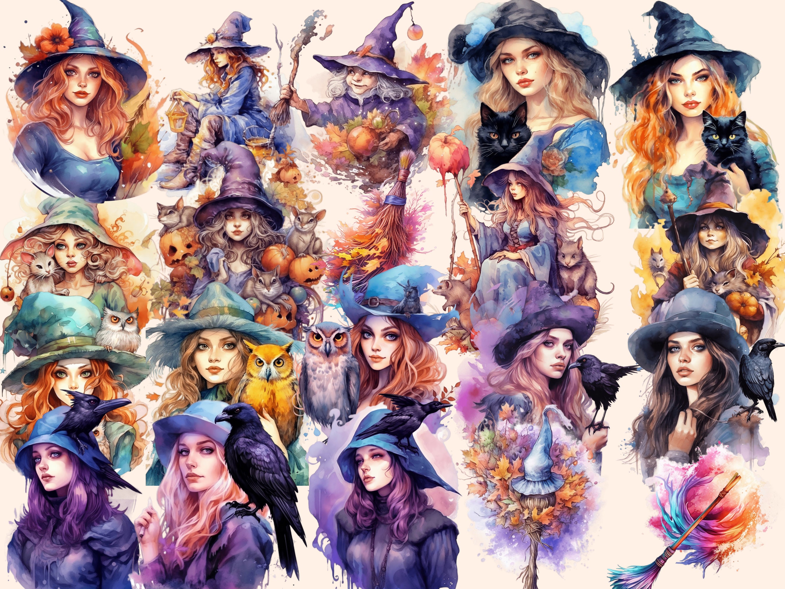 Watercolor Witches Clipart Bundle: 169 Fantasy Witch Images (PNG ...