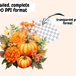 K&ouml;nnte beinhalten: Eine Aquarell-Illustration eines Strau&szlig;es aus orangefarbenen und gelben Blumen mit zwei orangefarbenen K&uuml;rbissen. Die Blumen sind in einer Traube mit gr&uuml;nen Bl&auml;ttern und Stielen angeordnet. Die K&uuml;rbisse befinden sich in der Mitte des Strau&szlig;es.