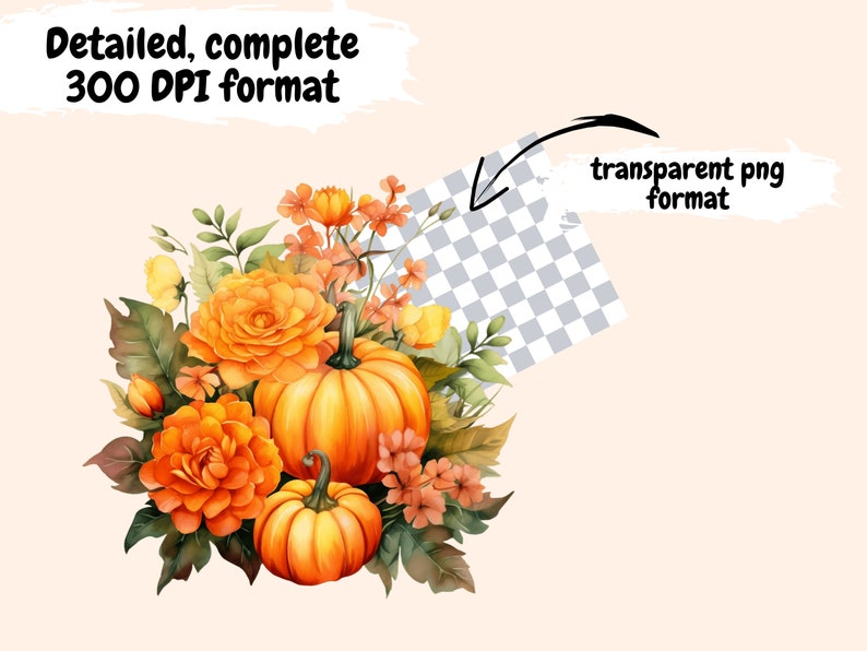 K&ouml;nnte beinhalten: Eine Aquarell-Illustration eines Strau&szlig;es aus orangefarbenen und gelben Blumen mit zwei orangefarbenen K&uuml;rbissen. Die Blumen sind in einer Traube mit gr&uuml;nen Bl&auml;ttern und Stielen angeordnet. Die K&uuml;rbisse befinden sich in der Mitte des Strau&szlig;es.