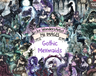 Gothic Mermaids Watercolor Clipart: Dark Fantasy PNG Graphics (Digital Download)