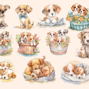 May include: A watercolor illustration of 10 adorable puppies in various poses. Some are sleeping, some are sitting, and some are playing. The puppies are all different breeds and colors, and they are all very cute.