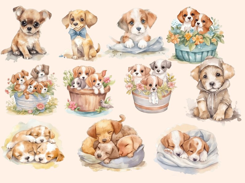 May include: A watercolor illustration of 10 adorable puppies in various poses. Some are sleeping, some are sitting, and some are playing. The puppies are all different breeds and colors, and they are all very cute.