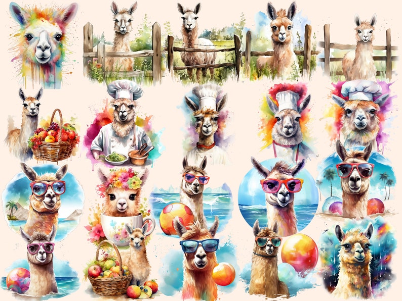 K&ouml;nnte beinhalten: Ein Aquarellbild mit verschiedenen Lama-Illustrationen. Einige Lamas tragen H&uuml;te, Sonnenbrillen und andere Accessoires. Einige Lamas befinden sich in einer Strandkulisse mit Strandb&auml;llen und Palmen. Andere befinden sich in einer nat&uuml;rlicheren Umgebung mit Blumen und einem Holzzaun.