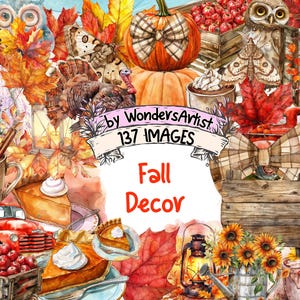 Fall Decor Watercolor Clipart Bundle - 137 PNG Cozy Autumn Decorations, Seasonal Harvest Graphics, Instant Digital Download, Commercial Use