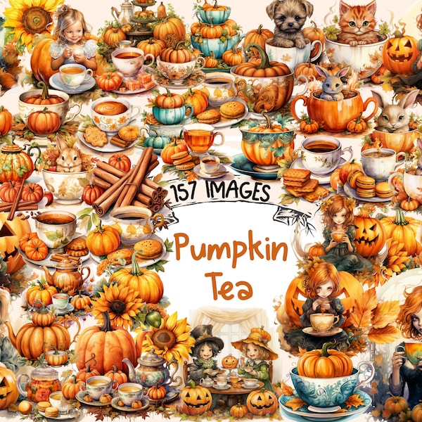 Pumpkin Tea Watercolor Clipart Bundle - 157 PNG Fall Tea Time Images, Autumn Teacup Cozy Graphics, Instant Digital Download, Commercial Use