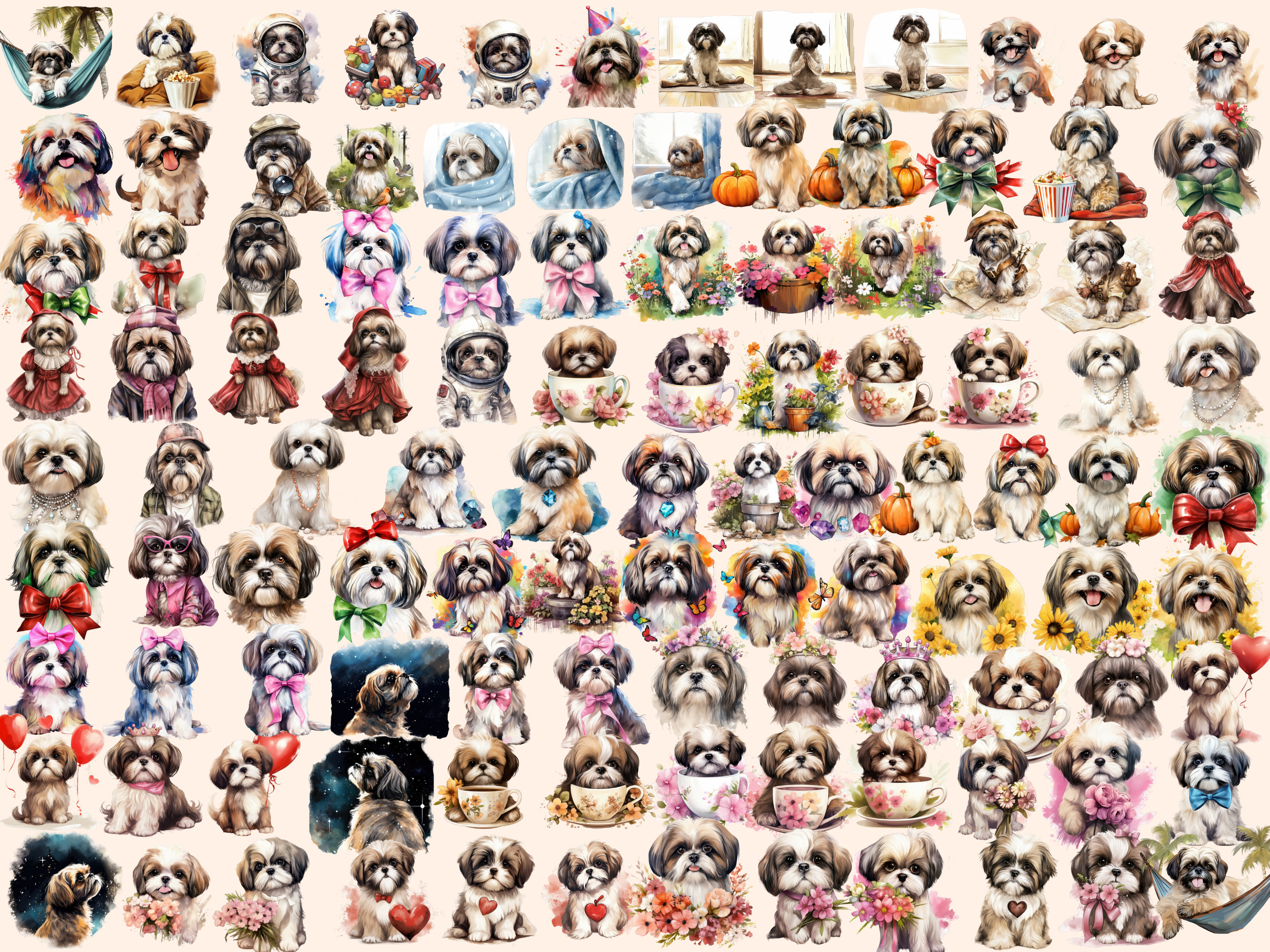 Shih Tzu Watercolor Clipart Bundle – 370+ Dog PNG Images (digital ...