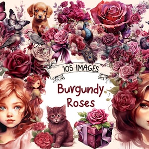 Burgundy Roses Watercolor Clipart Bundle - 105 PNG Images, Beautiful Floral Graphics,Rose Leaves,PNG,Instant Digital Download,Commercial Use