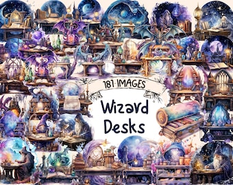 Wizard Desks Watercolor Clipart Bundle - 181 PNG Magical Images, Celestial Mystic Workspace Graphics,Instant Digital Download,Commercial Use