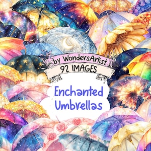 Enchanted Umbrellas Watercolor Clipart Bundle - 92 PNG Umbrella Images, Whimsical Rainy Day Illustrations, Instant Download, Commercial Use