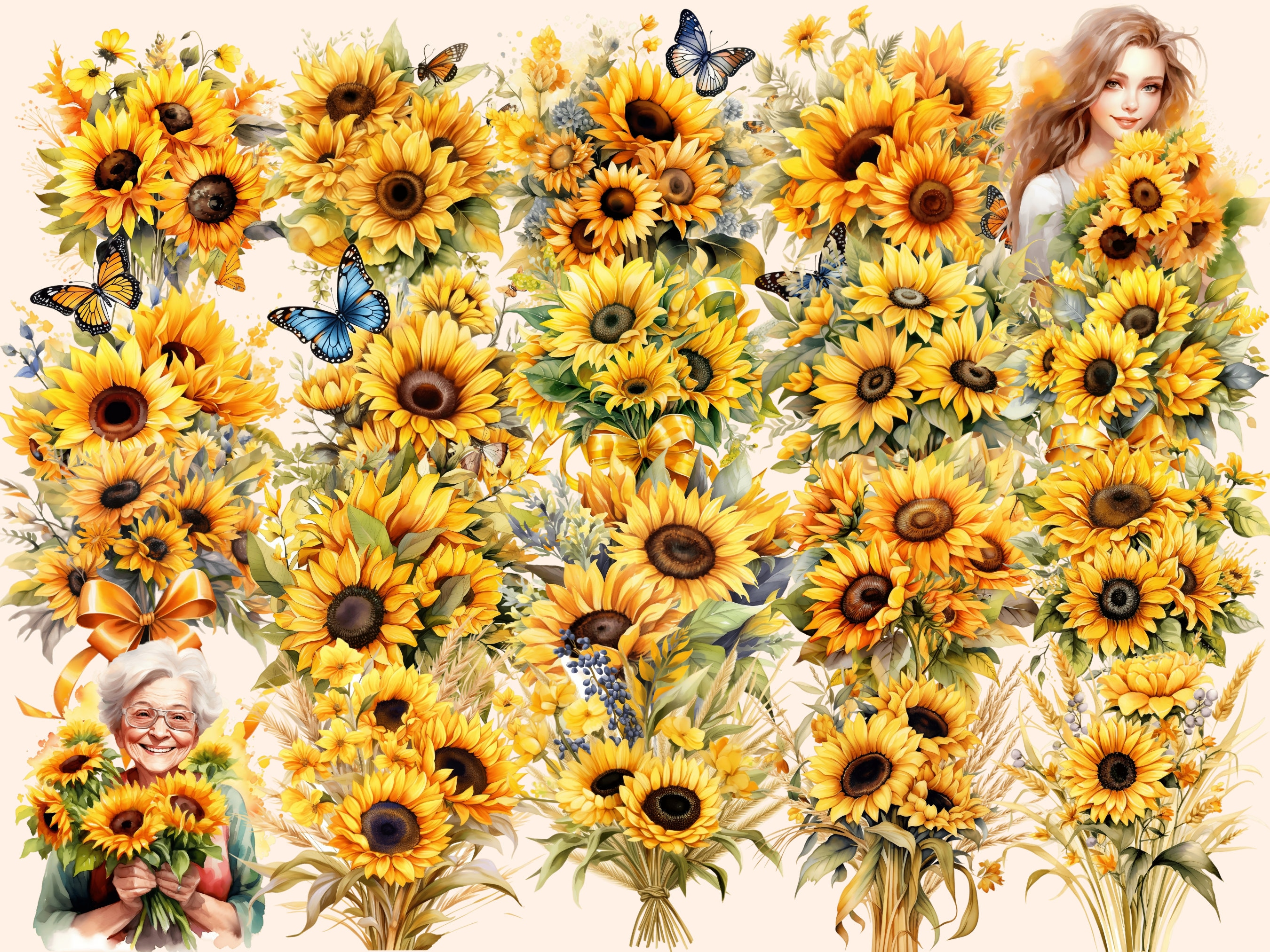 Sunflower Bouquet Watercolor Clipart: 101 PNG Floral Images (digital ...