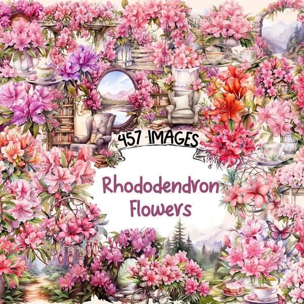 Rhododendron Flowers Watercolor Clipart Bundle- 457 PNG Flower Images, Botanical Floral Graphics, Instant Digital Download, Commercial Use