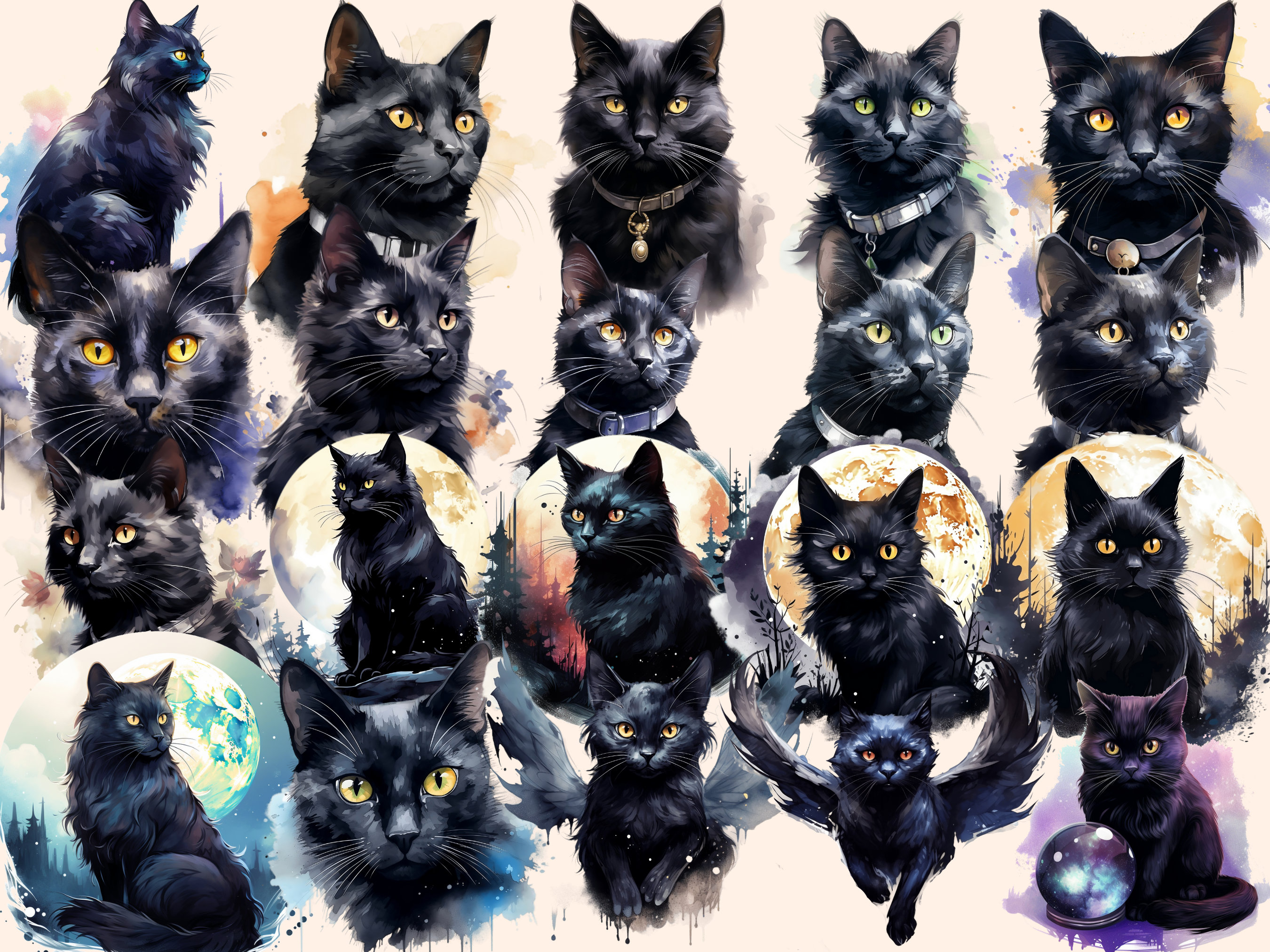 Black Cats Watercolor Clipart Bundle: 178 Feline PNG Images (digital ...