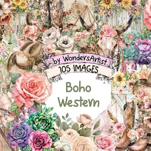 Boho Western Watercolor Clipart Bundle - 105 PNG Rustic Bohemian Images, Desert Cowgirl Graphics, Instant Digital Download, Commercial Use